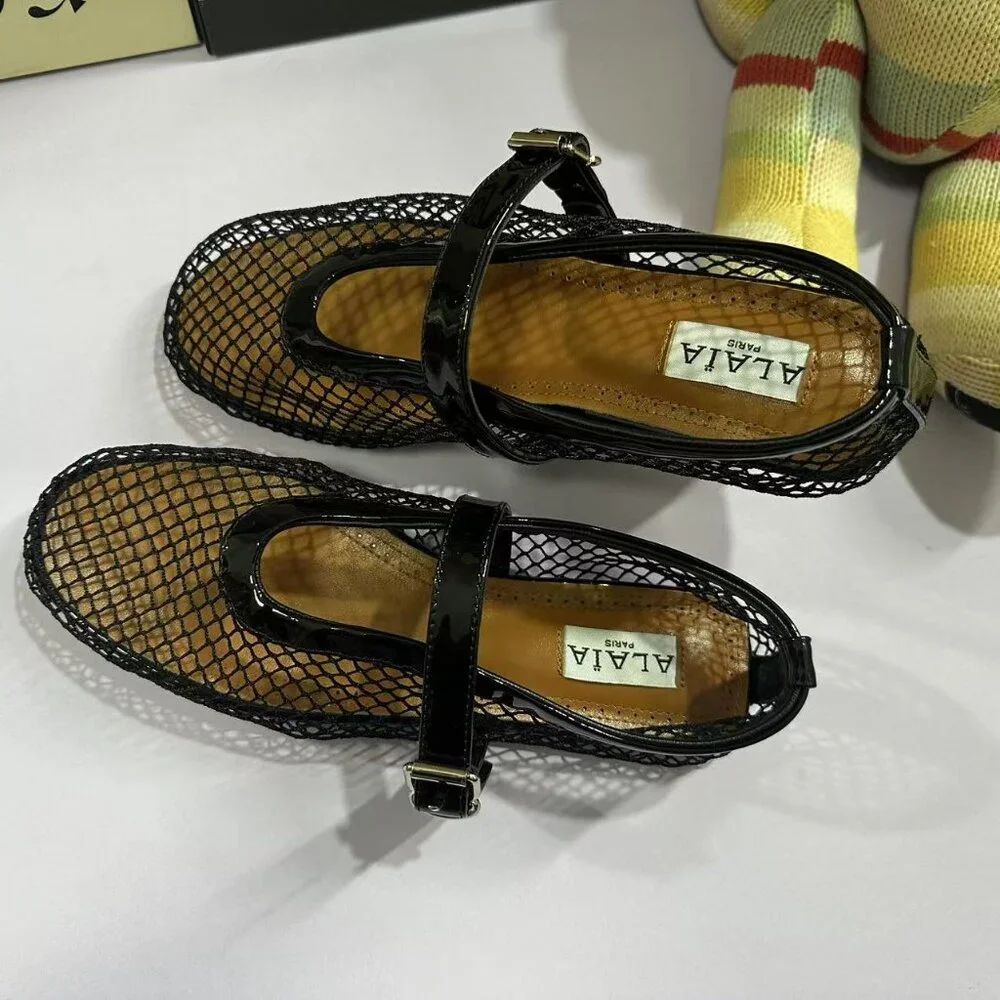 Alaïa Black Patent Leather Mesh Mary Jane Flats